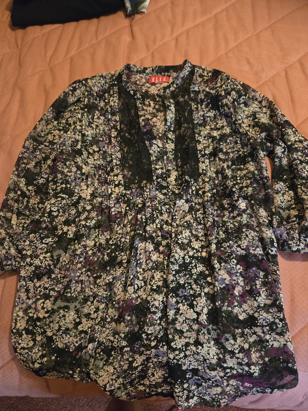 ELLE Floral Lace-Trim Tunic Blouse - Black with Purple & Cream Floral Print